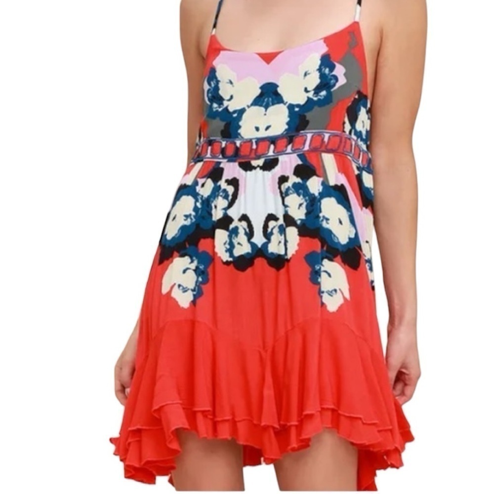 Free People Sweet Lucy Dress, Ruffle Hem Orange with Navy Blue & White Size S P